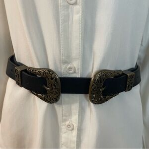 Black distressed  faux leather double buckle skinny belt